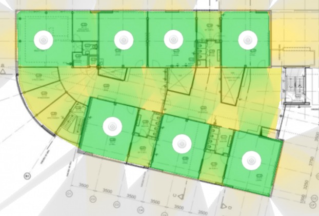 Predictive Sitesurvey - Hier is tijdens de inmeting een te hoge demping ingerekend voor de muren. Hierdoor veroorzaken de AP's storing op elkaars signaal.